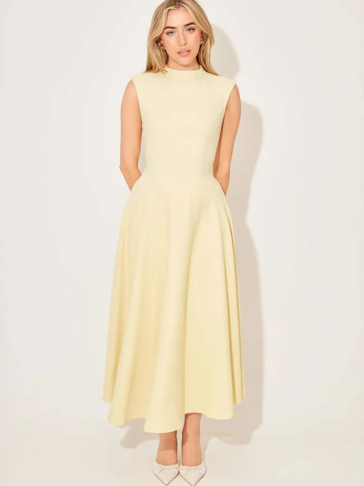 Mozision-vestido Midi Sexy de cintura alta sin mangas para mujer, moda elegante, plisado liso, vestidos largos…