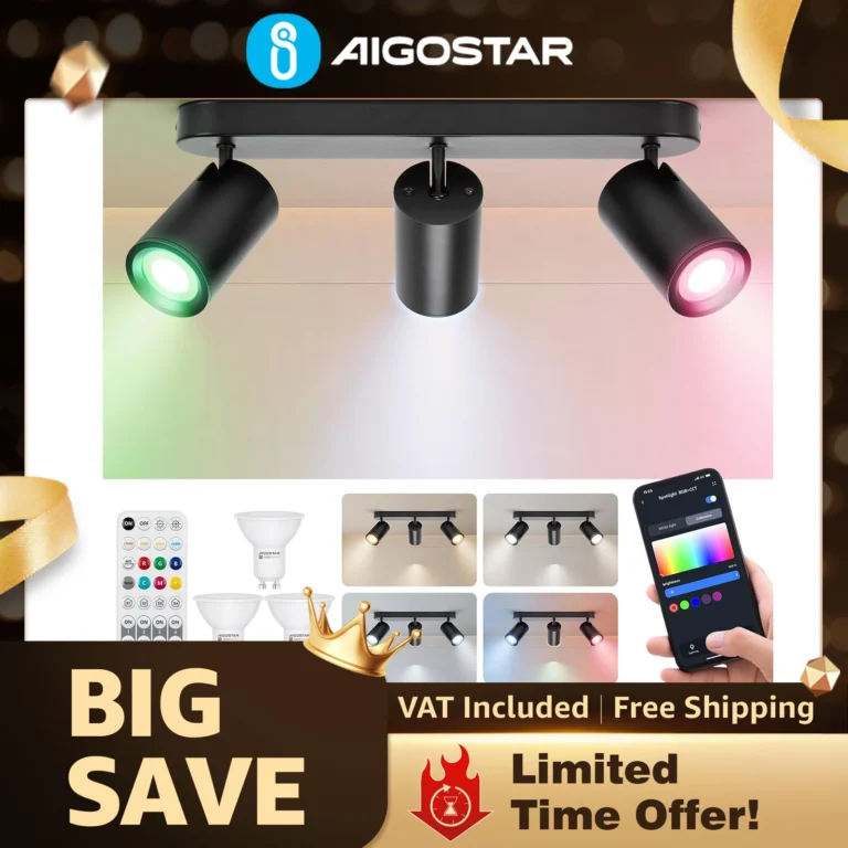 Aigostar Foco de techo inteligente, 3 cabezales GU10 ajustables y giratorios, compatible con Bluetooth y control…