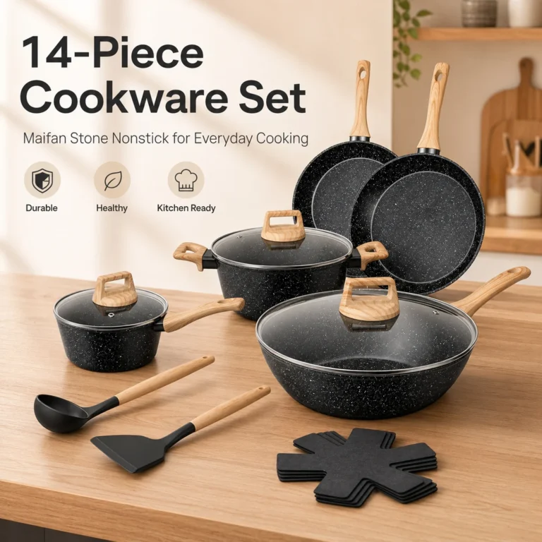 Juego de Utensilios de Cocina Antiadherentes de 14 Piezas con Tapas, Juego de Ollas y Sartenes…