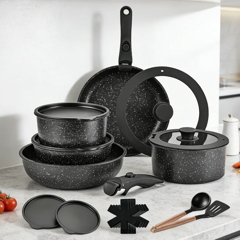 Juego de ollas y sartenes antiadherentes de 17 piezas con mango desmontable, juego de cocina antiadherente…
