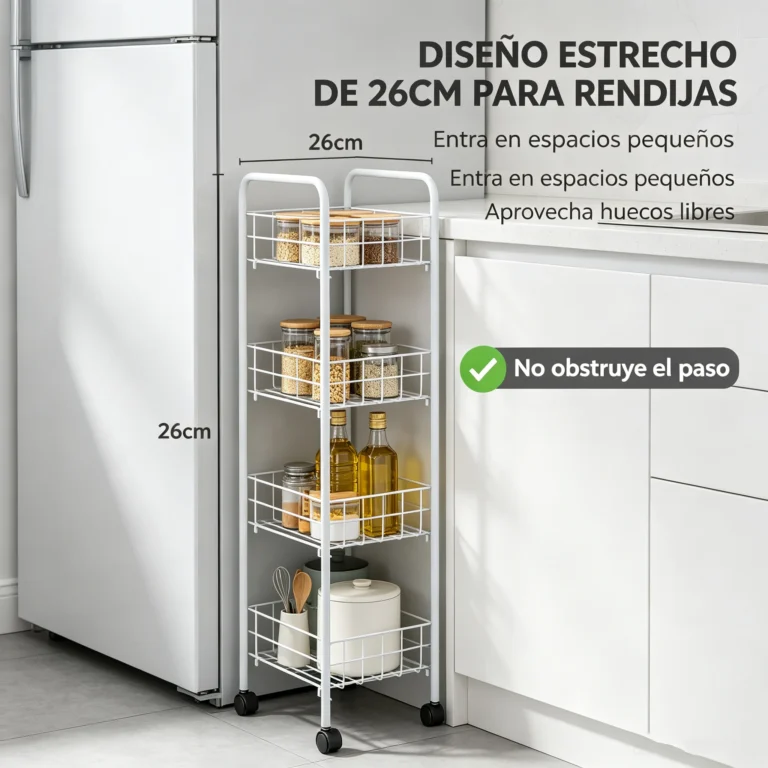 Carrito organizador de 4 niveles de hierro blanco con ruedas, ancho estrecho 26cm para espacios entre…