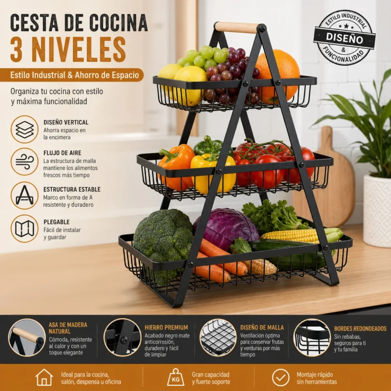 Organizador cocina 3 niveles metal negro manija madera natural 44,5x33,5x18cm cesta rejilla ventilada plegable frutas verduras…