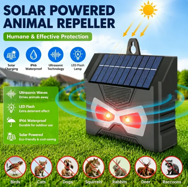Ahuyentador de Aves Ultrasónico Electrónico, IP66 Impermeable, Carga Solar, Lámpara LED Intermitente, Control de Plagas para…
