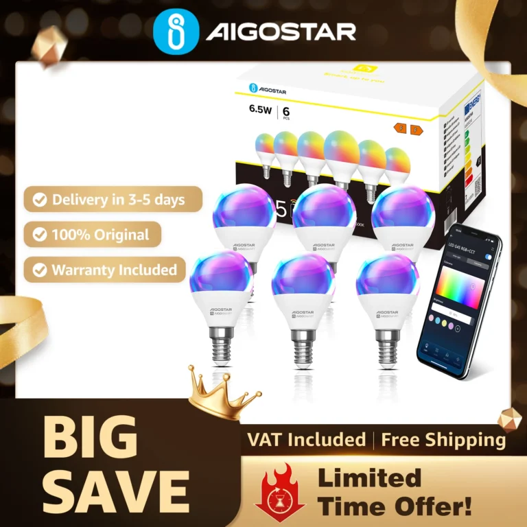 Aigostar Bombilla Inteligente, Bombilla Wifi G45 E14 6.5W, Bombilla Led Inteligente RGBCW Compatible con Alexa/Google Home
