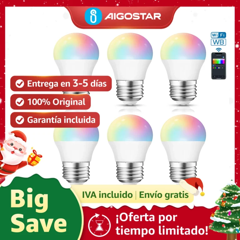 Aigostar 6 Pack Bombillas Inteligentes Wi-Fi G45 E27 6.5W RGBCW, compatibles con Alexa/Google Home. Sin Hub…