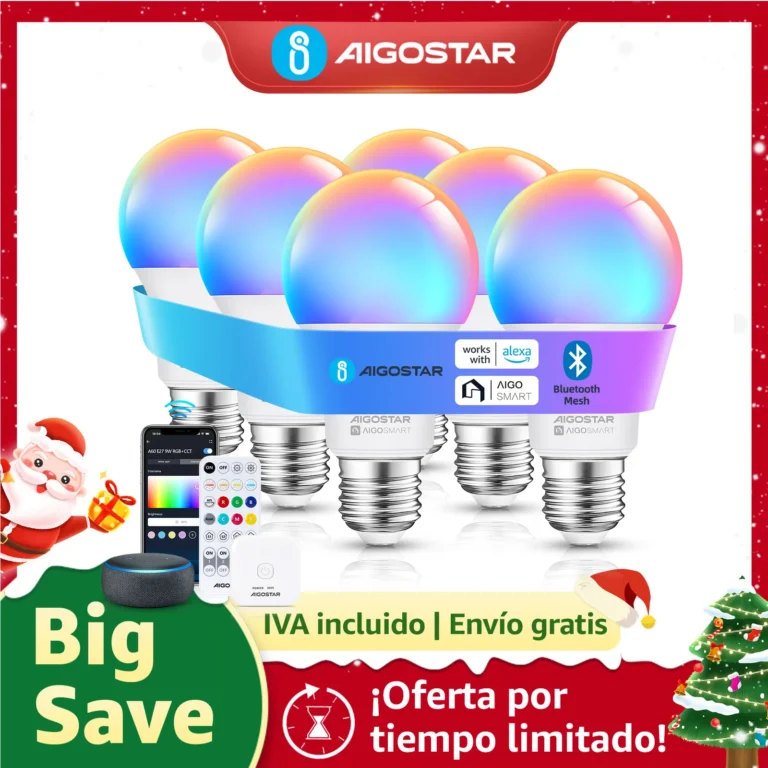Aigostar Paquete de 6 bombillas LED inteligentes con malla Bluetooth, regulables en blanco y Rgb, funciona…