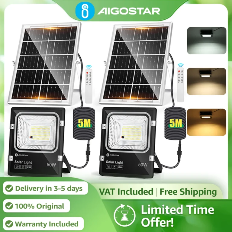Aigostar Foco Solar 4000mAh Gran Panel | 3 Colores Ajustables IP66, Cable 5M | para Jardín,…