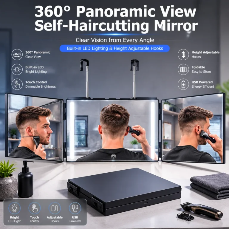 Espejo de maquillaje portátil negro, plegable en tres partes y con visión de 360°, con gancho…