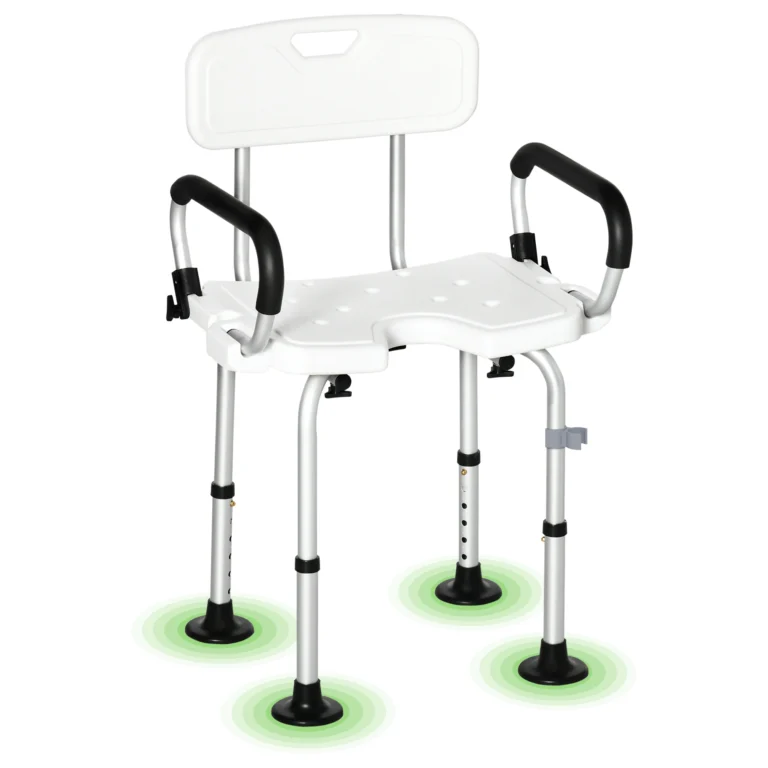 Silla de ducha HOMCOM, taburete de ducha ajustable en altura con reposabrazos plegables, patas sin tornillos,…