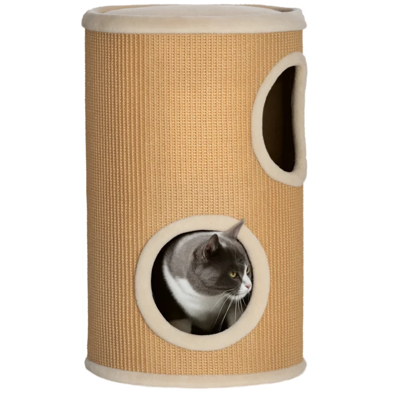 PawHut Barril Rascador para Gatos de 2 Niveles Torre Rascador para Gatos con 2 Cuevas y…