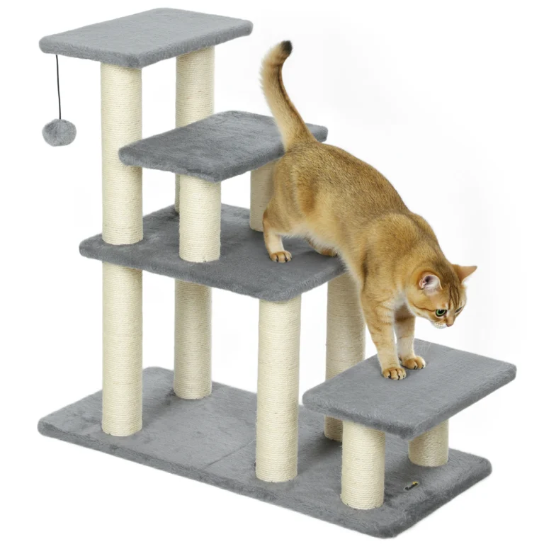 PawHut Escalera para Mascotas Ajustable de 3/4 Peldaños Escalera para Gatos con Postes Rascadores Bola Colgante…