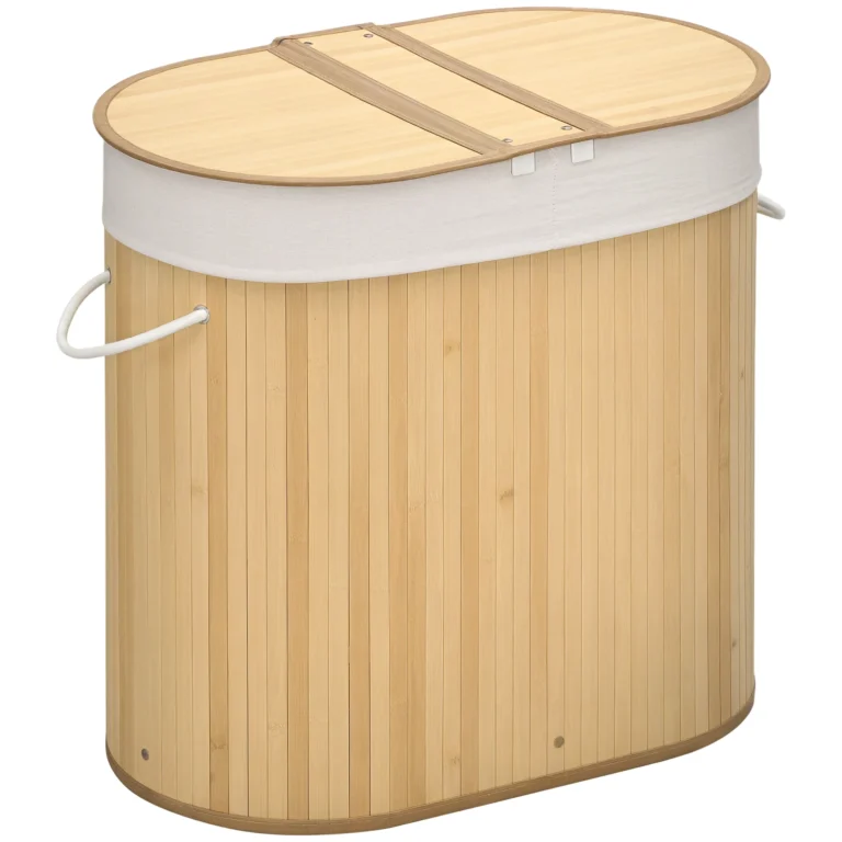 HOMCOM Cesto para Ropa Sucia Bambú 100L con Tapa 2 Compartimentos Natural