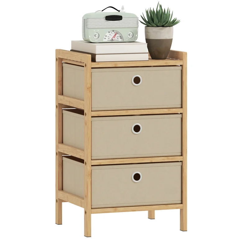 HOMCOM Cómoda con 3 Cajones de Tela, Cómoda para Dormitorio de Bambú, Cajonera para Espacios Pequeños,…