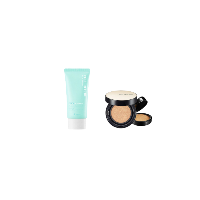 All-in-one Sets A'PIEU - Pure Block Aqua Sun Gel SPF50+ PA+++ X Jung Saem Mool - Essential Skin Nuder Long Wear Cushion - 14g+14g - Mediu