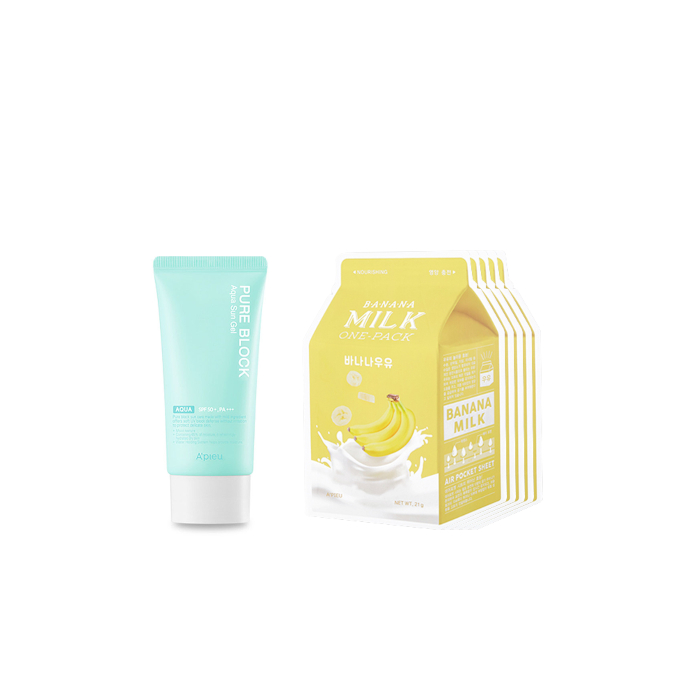 A'PIEU Milk One Pack Sheet Mask - Banana - 5pcs + Pure Block Aqua Sun Gel SPF50+ PA+++ (1ea) Set