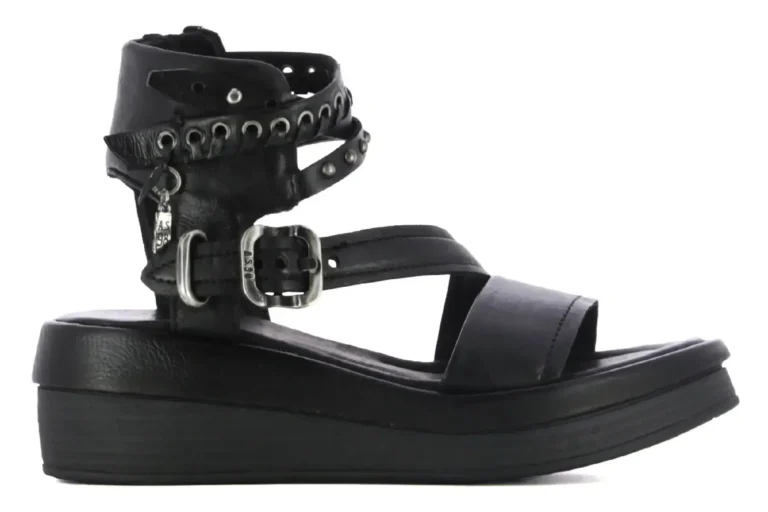 As98 Sandalias de cuña negras de piel mujer SALIS As98