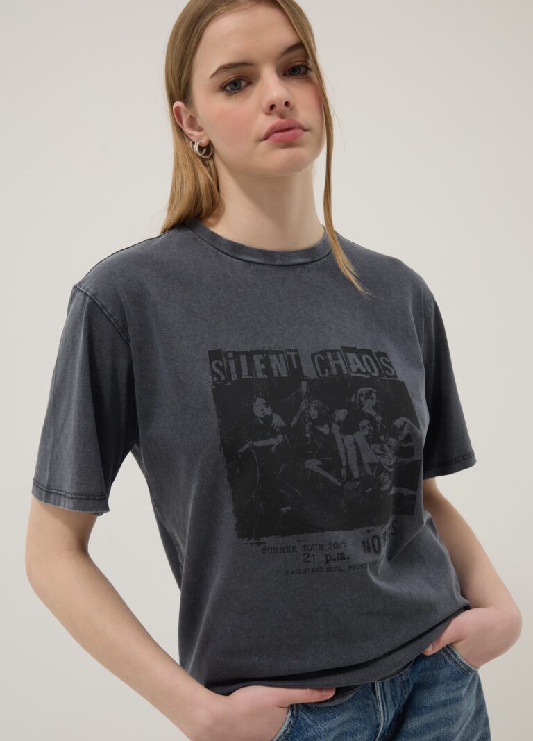 B.ANGEL Camiseta Gris De Algodón Puro Corte Relajado Con Estampado, Mujer, Gris oscuro, Talla: 36
