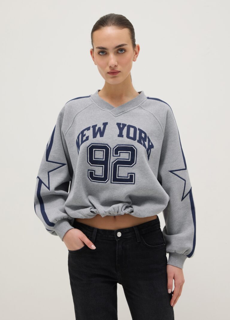 B.ANGEL Sudadera Gris Oversize De Mezcla De Algodón Con Cuello En V Y Estampado, Mujer, Gris jaspeado, Talla: 34