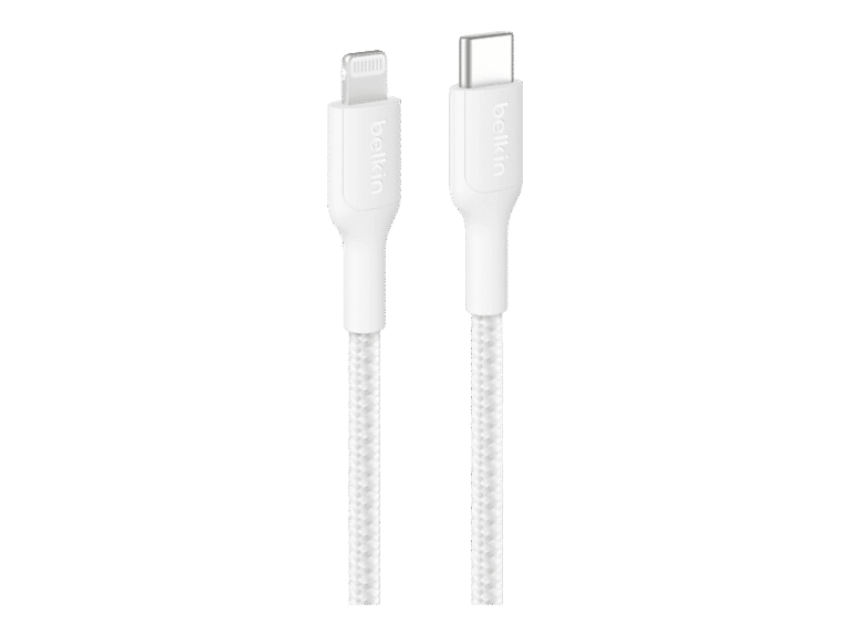 Cable USB-C a Lightning - Belkin CAA022, 1 m, Compatible con iPhone 14 y anteriores, USB-C® conector Lightning, Trenzado, Blanco