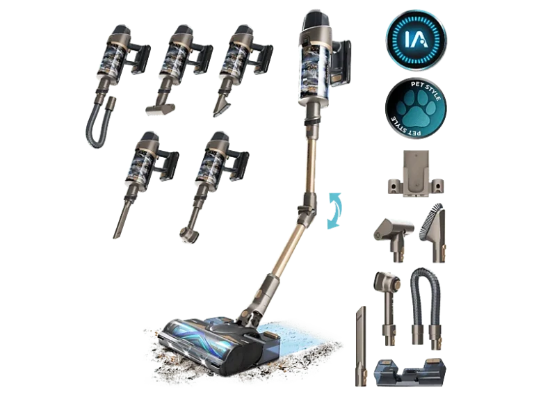 Cecotec Aspirador escoba - Cecotec Conga Rockstar RX90 AI AquaPet Flex, 850W, 100min, IA, Tubo flexible, Kit de accesorios, Cepillo antienredos, Negro