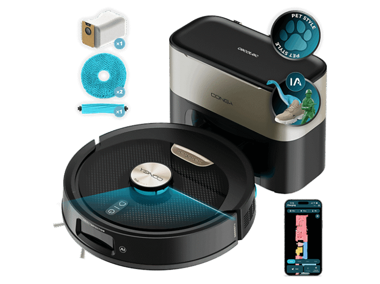 Cecotec Robot aspirador - Cecotec Conga Y100 Spin AI, 20000 Pa, 220 m², Navegación láser, Autovaciado, Especial mascotas, Negro