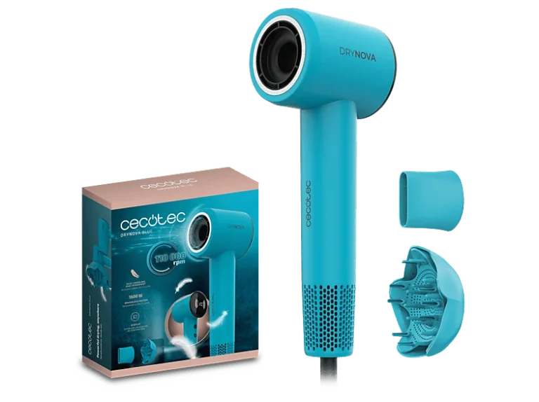 Cecotec Secador - Cecotec DryNova Blue, 1600W, 4 niveles de temperatura, 110.000 rpm, Pantalla, Incluye concentrador y difusor, Motor Brushless, Azu