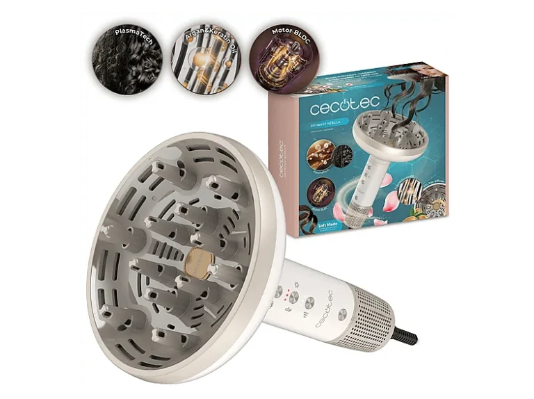 Cecotec Secador - Cecotec DryWave Nébula, 1300W, 3 velocidades, temperaturas, PlasmaTech, Difusor XXL, Motor BLDC, 12 púas, Argan&Keratin Oil, Champag