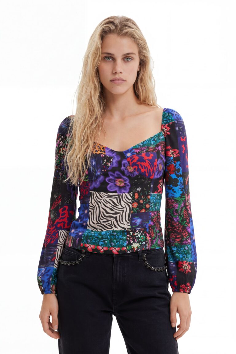 Desigual Blusa corsé patch, Viscosa, Negro