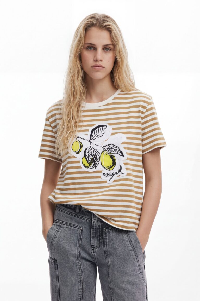 Desigual Camiseta estampado rayas, Algodon, Blanco