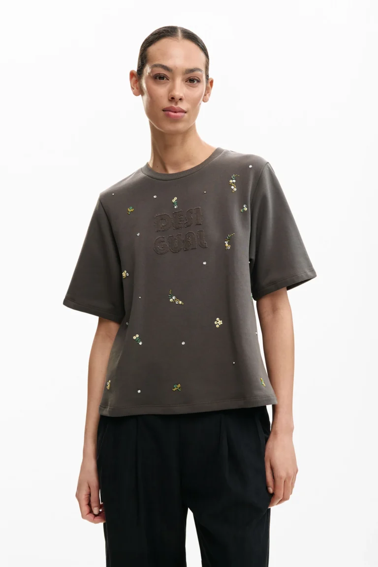 Desigual Camiseta lisa apliques, Mujer, Algodon, Negro
