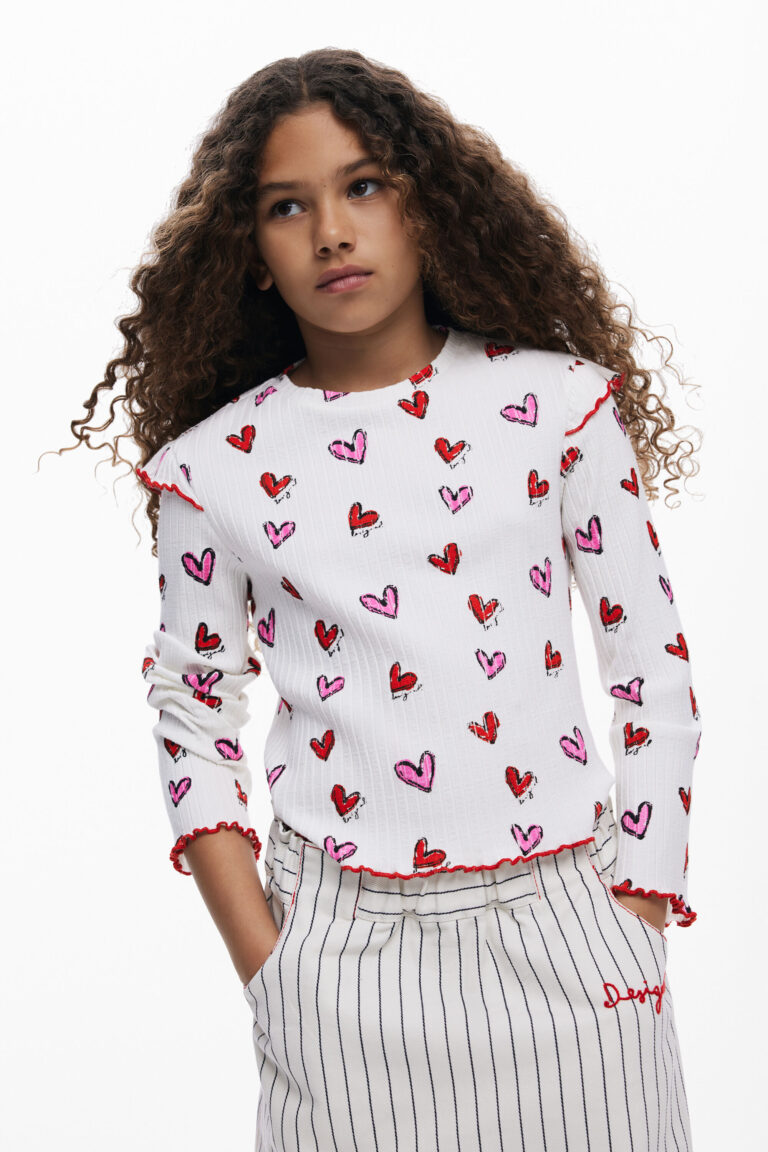 Desigual Camiseta manga larga corazones, NiñOs, Algodon, Blanco, 3/4
