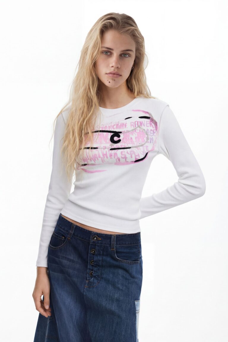 Desigual Camiseta manga larga letras rosas, Algodon, Blanco