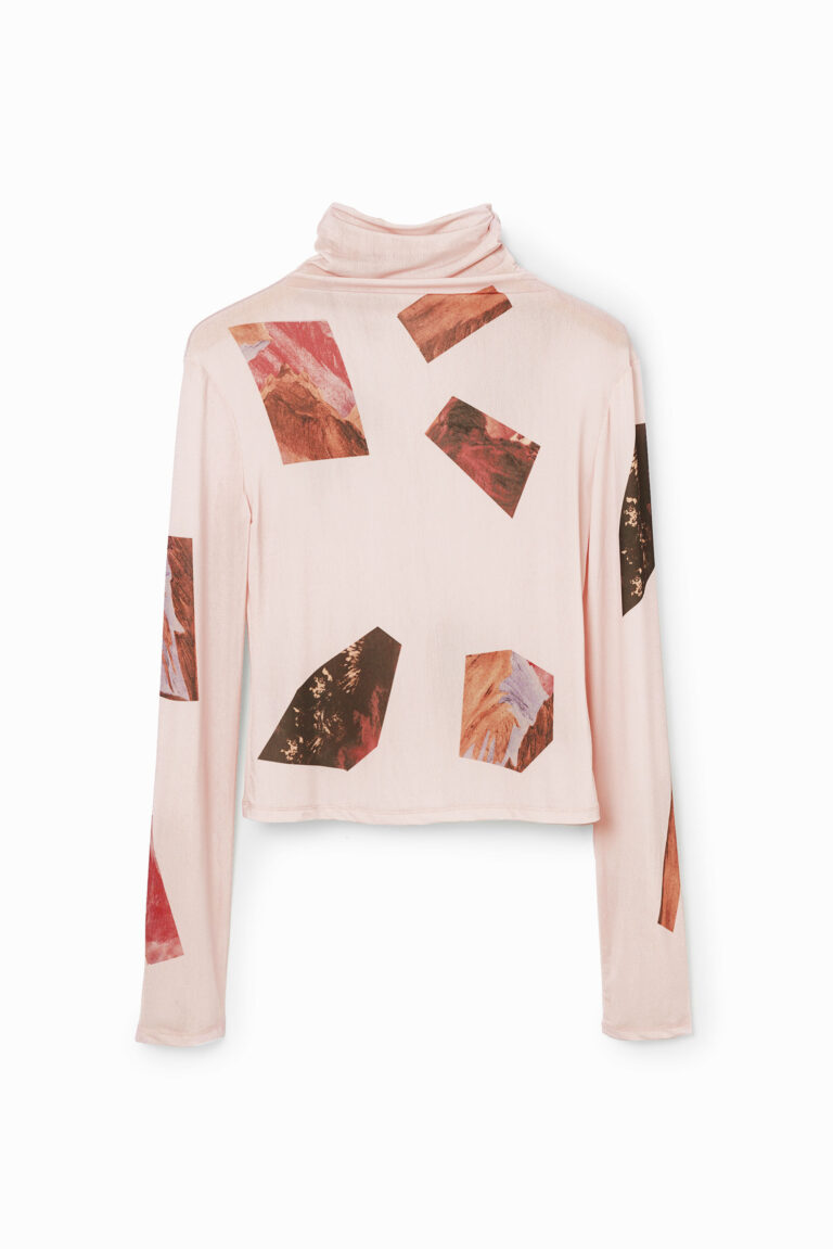 Desigual Camiseta slim cuello alto collage, Poliester, Rojo