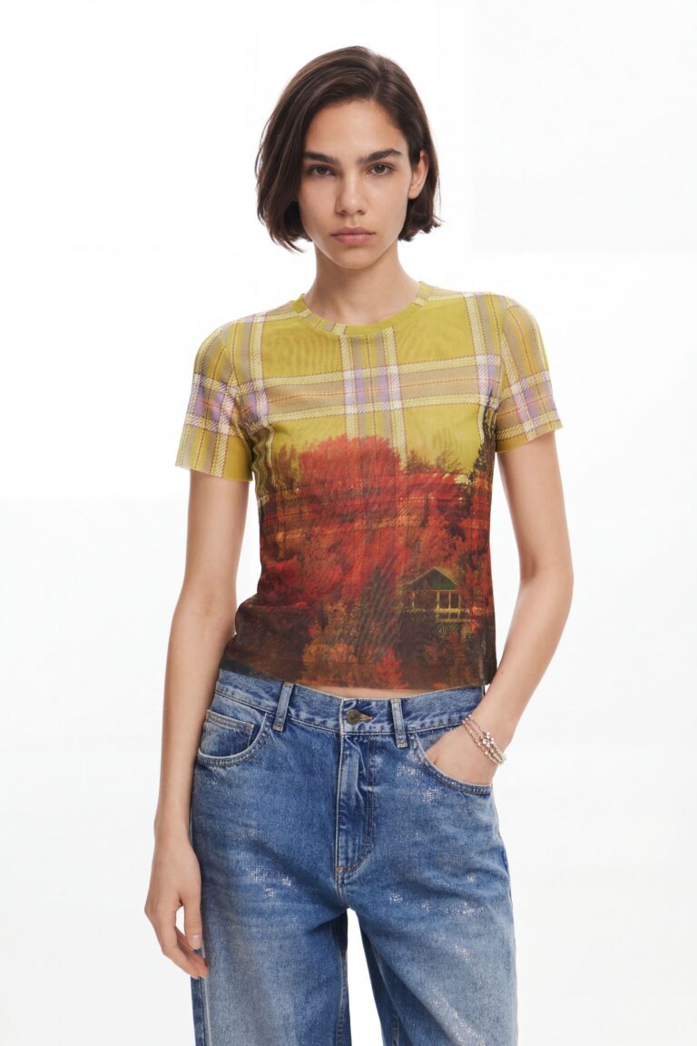 Desigual Camiseta tul estampado, Poliester, Amarillo
