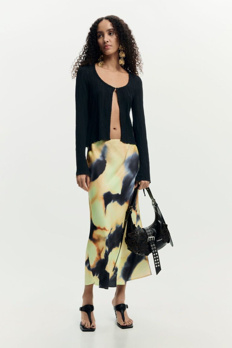 Desigual Falda estampada midi, Mujer, Poliester, Negro
