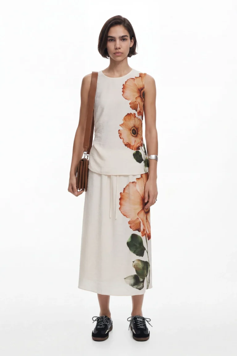 Desigual Falda midi flores, Negro
