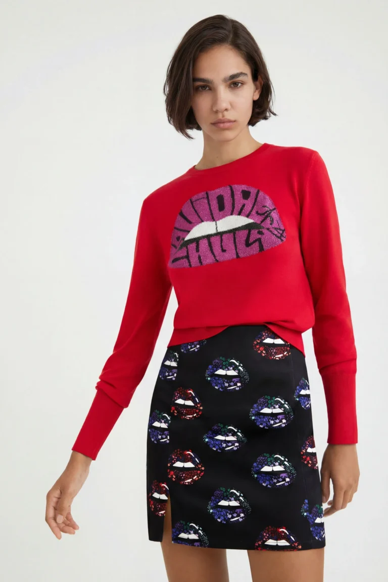 Desigual Minifalda slim labios, Algodon, Negro