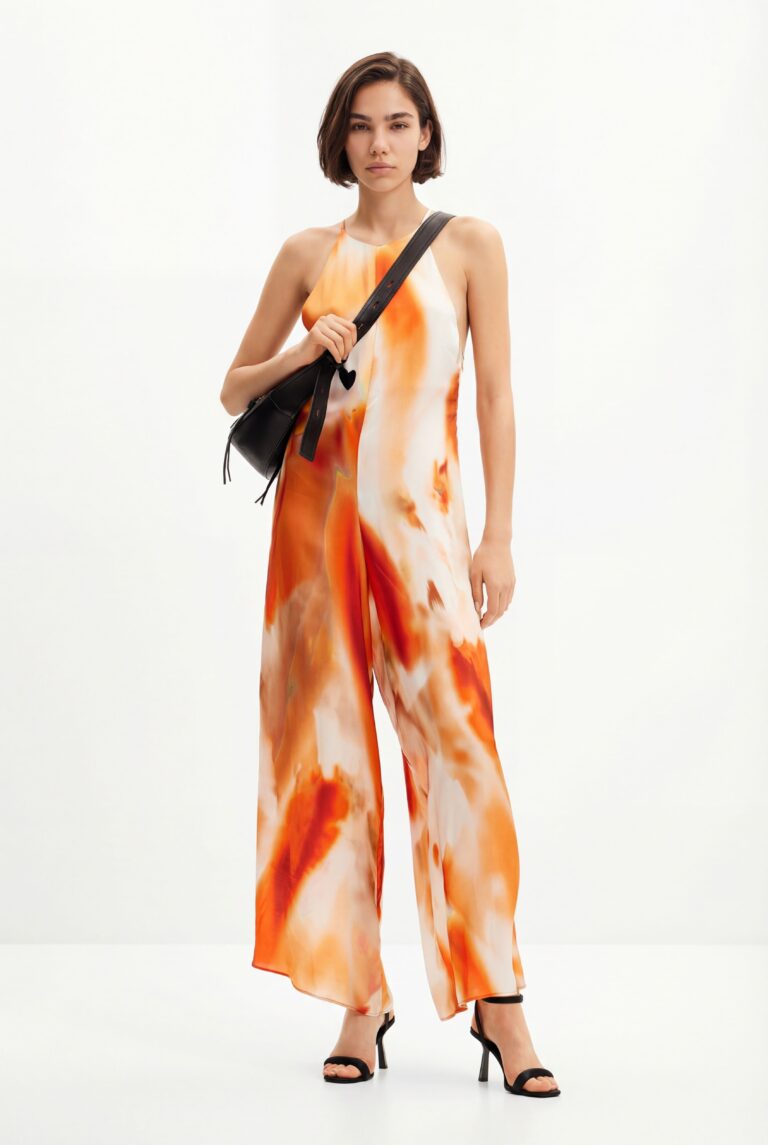 Desigual Mono halter largo abstracto, Viscosa, Naranja