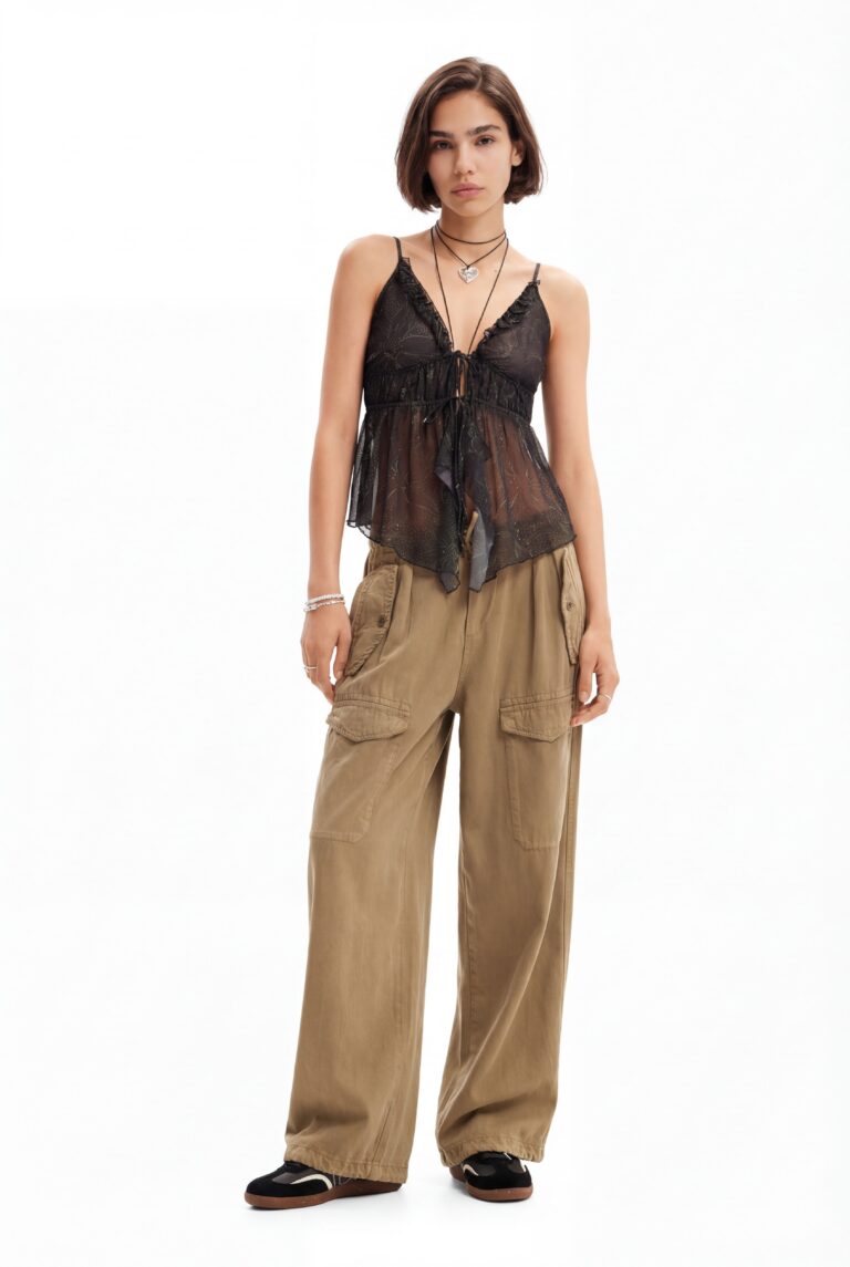 Desigual Pantalón cargo Wide leg, Lyocell, Verde