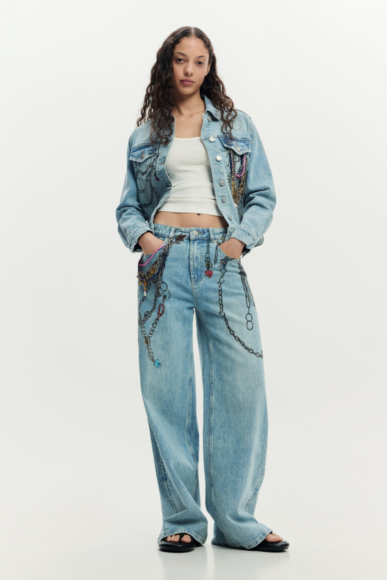 Desigual Pantalón vaquero cadenas wide leg, Mujer, Algodon, Azul, 38