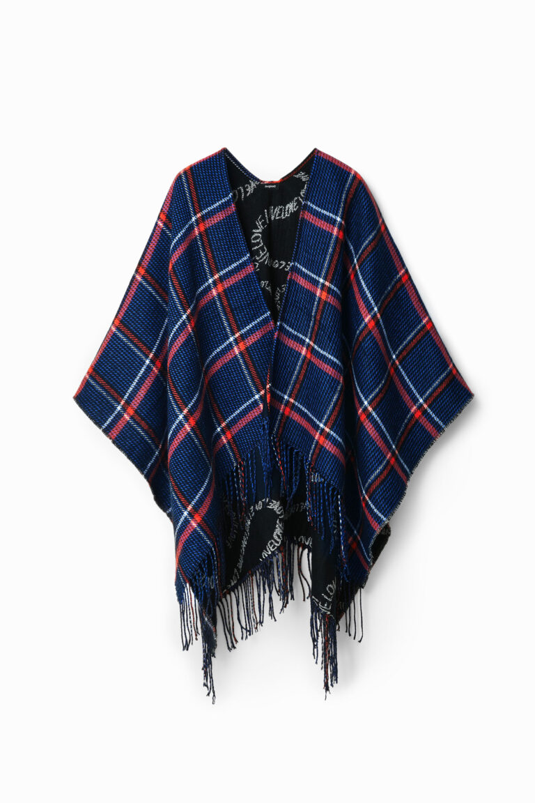 Desigual Poncho reversible cuadros, Acrilico, Azul, U