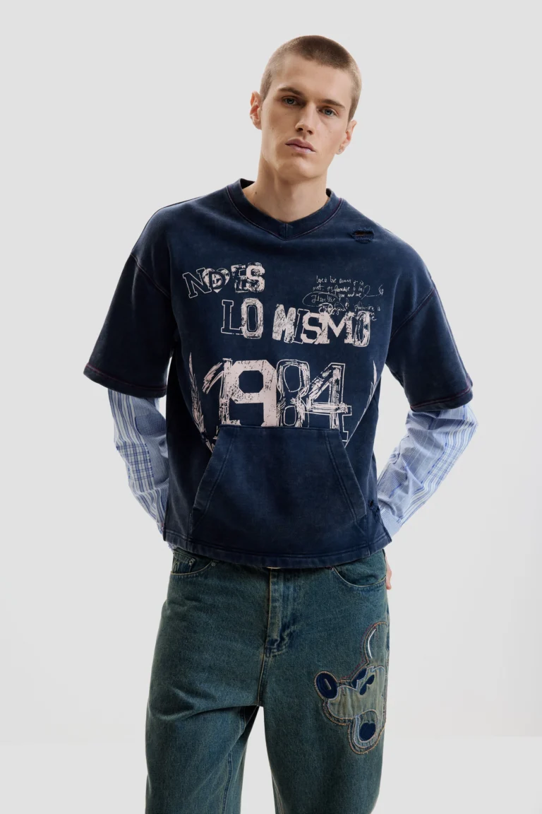 Desigual Sudadera manga larga estampada, Hombre, Algodon, Azul