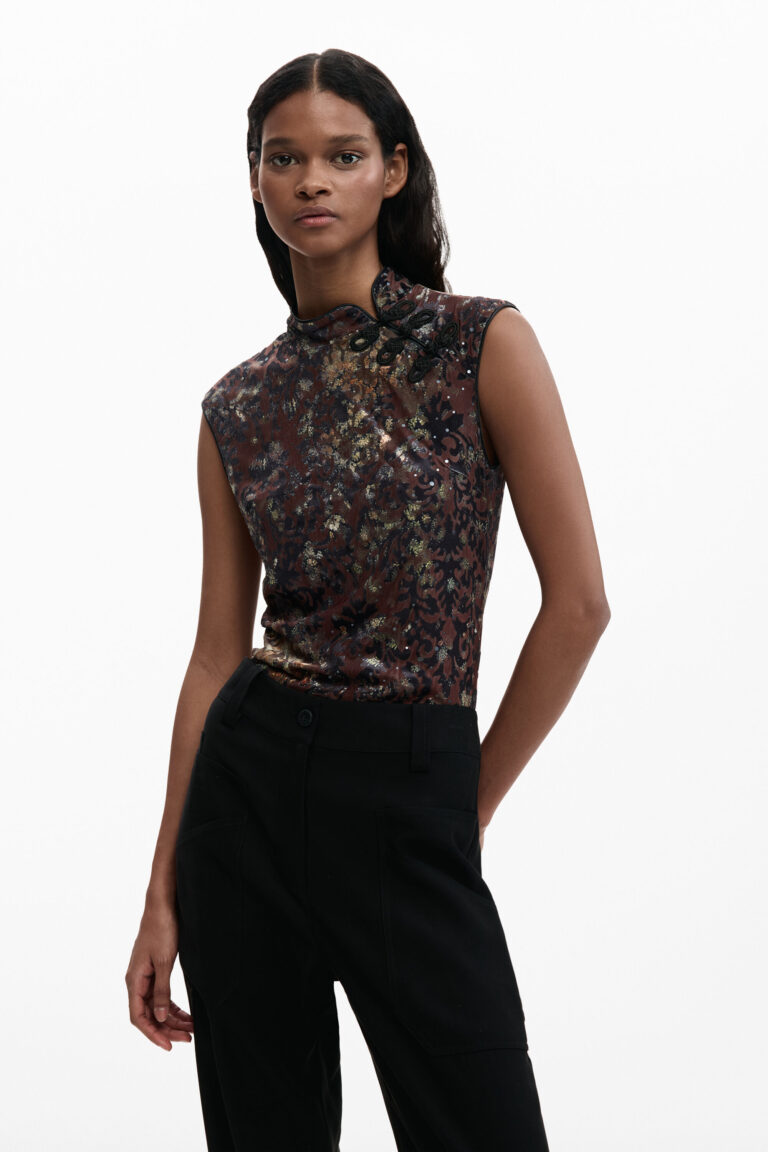 Desigual Top sin mangas oriental, Mujer, Negro