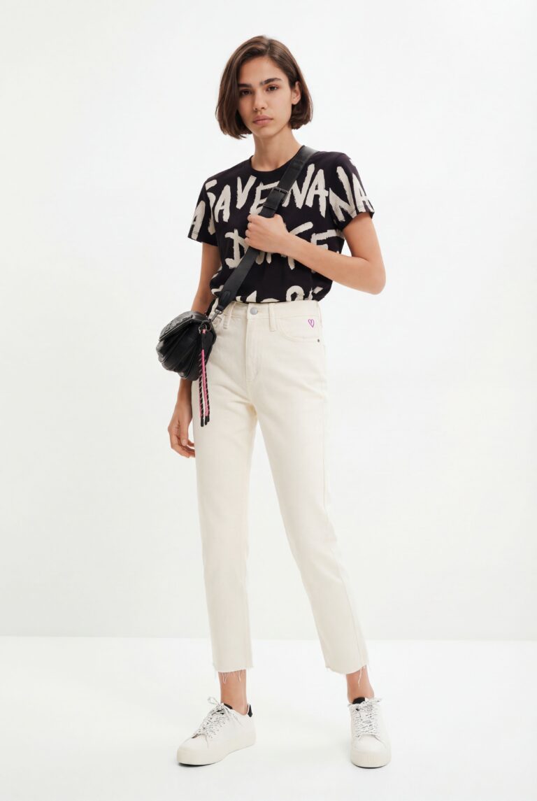 Desigual Vaquero Straight cropped, Algodon, Blanco, 34