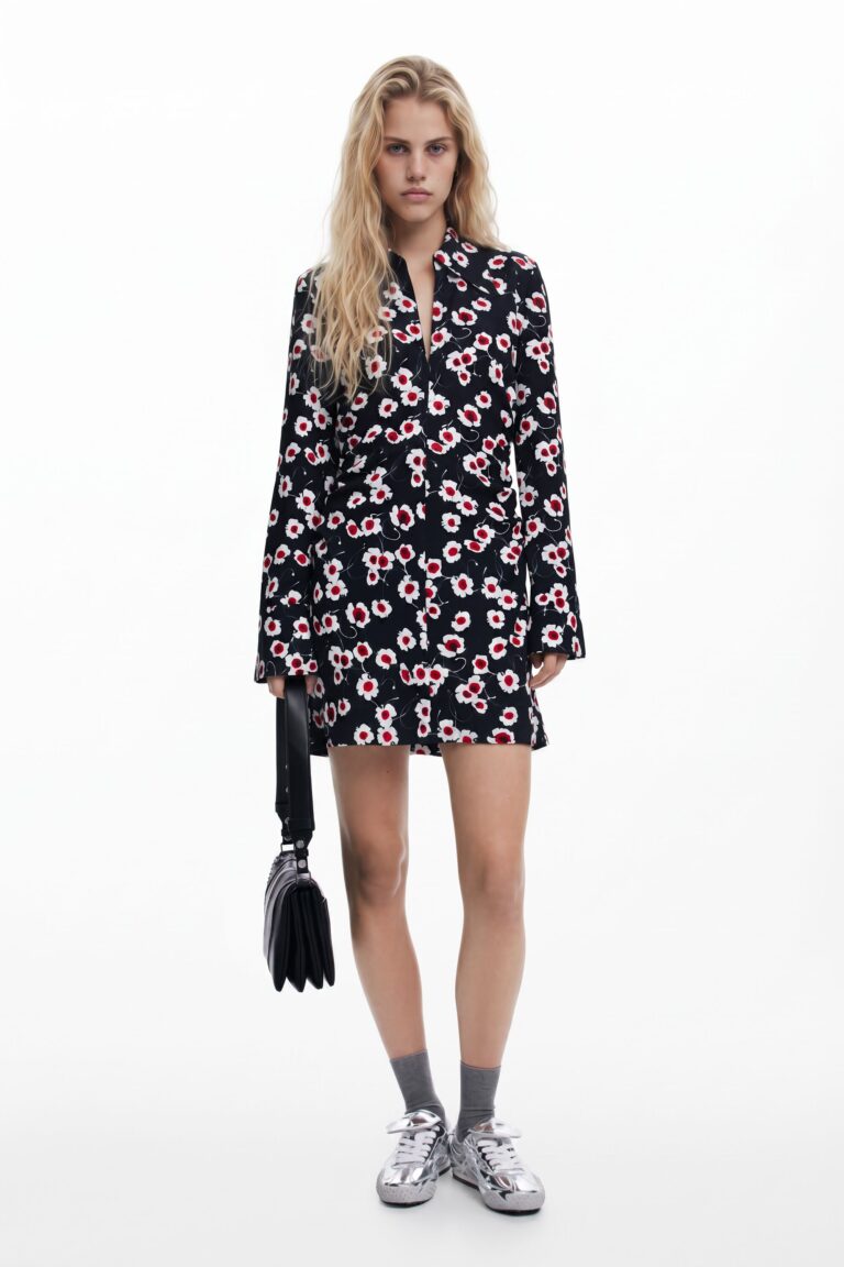 Desigual Vestido camisero corto flores, Poliester, Negro