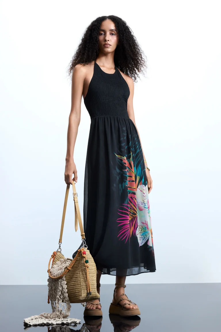 Desigual Vestido halter tropical, Mujer, Poliester, Negro