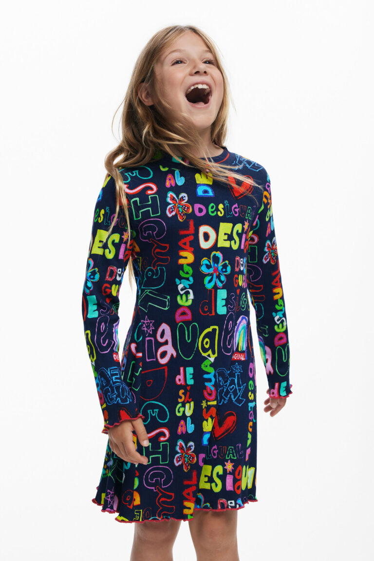 Desigual Vestido manga larga lettering, NiñOs, Algodon, Azul, 3/4