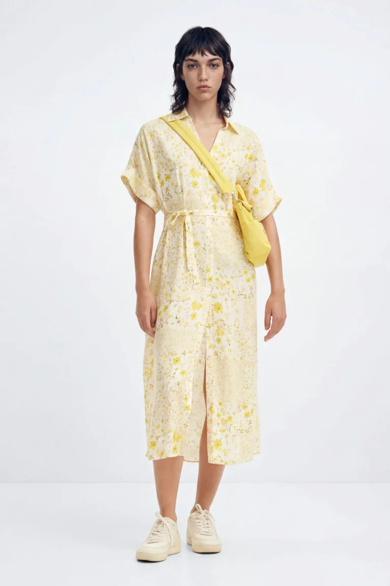 Desigual Vestido midi camisero flores, Viscosa, Blanco