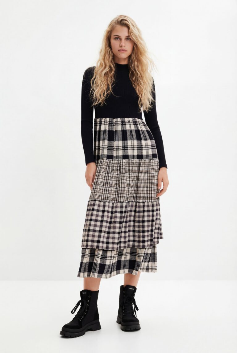 Desigual Vestido midi falda cuadros, Negro
