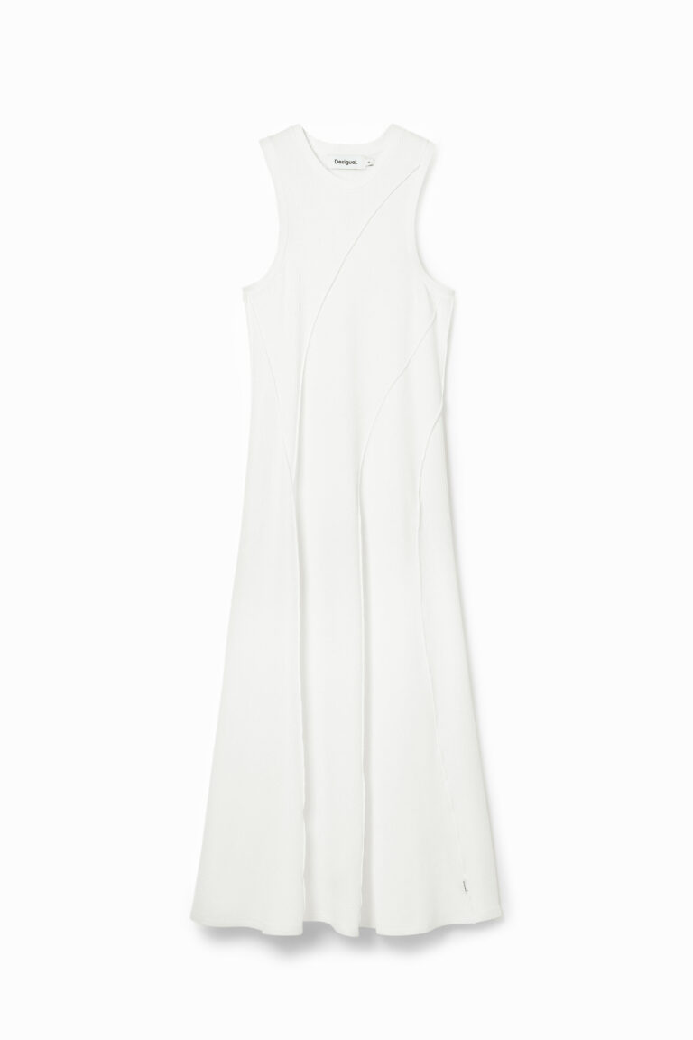 Desigual Vestido midi patch canalé, Viscosa, Blanco
